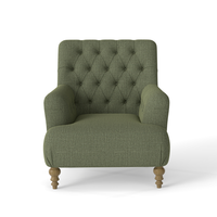 Fauteuil d'appoint vintage moderne de luxe pour salon, en bois, avec dossier capitonné en tissu coton vert olive et structure robuste en bois massif