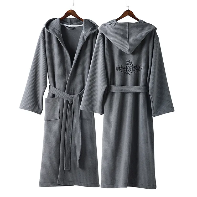 Luxury Hotel Adult High Quality Waffle Hooded Bathroom Towel Robe Bathrobe With Belt