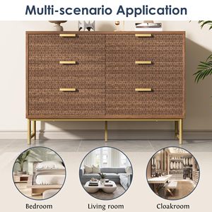 Cómoda Moderna de 6 Cajones con Patrón Geométrico en Relieve, Tiradores Metálicos Dorados, Patas y Estructura de Aglomerado, para Dormitorio, Sala de Estar o Entrada - Product Image 4