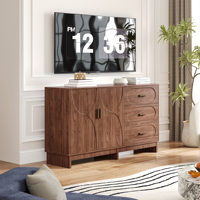Buffet moderne du milieu du siècle en MDF, 2 portes, 3 tiroirs, caractéristiques réglables, rangement de 1,20 m, finition noyer, aspect bois, pour salle à manger