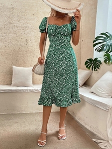 Robe d'été décontractée pour femme, style bohème, imprimé floral, manches bouffantes, longueur genou, vert exquis, vintage - Product Image 2