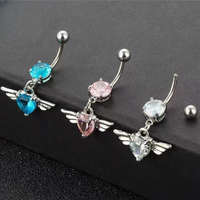 Anneaux de nombril pendulants en forme d'ailes d'ange avec strass en cristal, en acier inoxydable chirurgical plaqué argent, cadeau de mariage