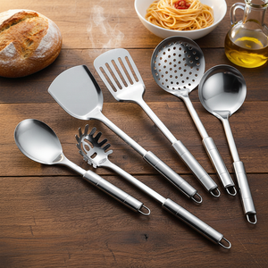 Juego de utensilios de cocina de acero inoxidable, cuchara de cocina, espátula, colador, con soporte, 7 Uds. - Product Image 4