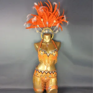 Penjualan Laris Kostum Karnaval Samba <span class=keywords><strong>Rio</strong></span> Seksi Kostum Tari Perut Baru dengan Bulu Kepala Potongan Rave Outfit - Product Image 4