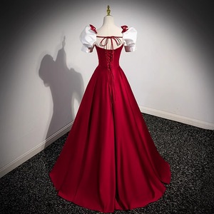 Red Off The Shoulder Evening Gown Empire Waist Claret Contrast Color Puff Sleeve Wedding Dress - Product Image 1