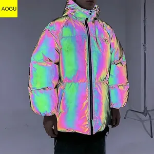 Holographic Puffer Reflective Jacket Trendy Casual Sports Running for Men Polyester Shell Racer Jacket for Winter Custom Brand