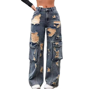 High Street Women Baggy <strong>Trousers</strong> High Rise Multi Pockets Faded Washed Denim Wide Leg Cargo Denim Jeans Womens Denim Jeans - Product Image 2