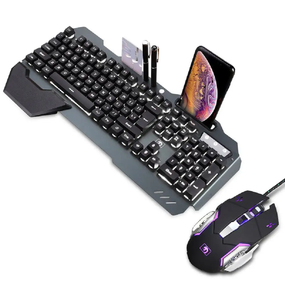 Setelan Keyboard Mekanis 16 Jenis Lampu Latar, Set Keyboard Mouse dengan Dudukan Ponsel & Slot Kartu & Slot Pena