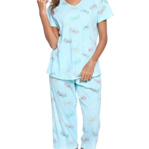 Women's Short Sleeve Capri Pajama Set <b>Knitted</b> Cotton Plus Size Sleepwear Loungewear Blue Butterfly Pink Cat Gray Coffee <b>Pattern</b> - Product Image 3