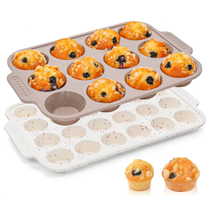 MUYULINS - Molde para Hornear Muffins y Cupcakes de Silicona, Color Beige, 12 Tazas, Antiadherente, Libre de BPA, con Marco Reforzado de Metal, Certificado LFGB - Product Image 1
