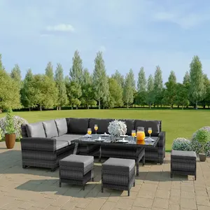 Patio Hot Klassieke Stijl Outdoor Tuin Groothandel Meubels Donkergrijs Pe Rotan Eettafel Sectionele Sofa Set