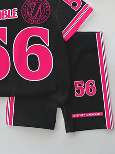 <span class=keywords><strong>Ensemble</strong></span> deux pièces en soie de lait pour enfants, t-shirt et short, imprimé lettres, tenue de sport pour filles, vente en gros - Product Image 5