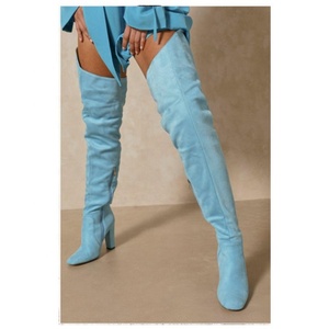 Botas altas de tacón grueso con cremallera trasera y punta cuadrada de gamuza de color liso para mujer, botines de caña alta con media cremallera lateral por encima de la rodilla para damas - Product Image 6