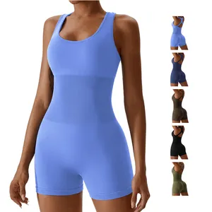 Toptan özel yüksek elastik Yoga kıyafeti tulum u-yaka Backless kısa dikişsiz kolsuz spor Bodysuit göğüs pedi ile