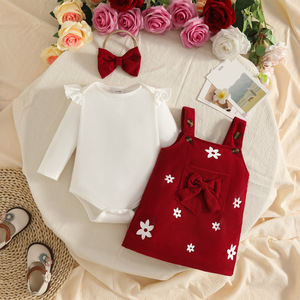 Set di Vestiti Autunno-Inverno per Neonata, Gonna con Bretelle Floreale, Body a Maniche Lunghe con Volant, Fascia per Capelli, Outfit per Neonati 0-3 Mesi - Product Image 3