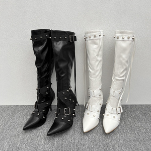 <strong>White</strong> PU Leather Buckle Tie Studded Strap High Heel <strong>Knee</strong> <strong>Boots</strong> Women Stiletto Heeled Pointed Toe High Point Heel Long <strong>Boot</strong> - Product Image 1