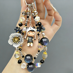 Chaîne de téléphone en cristal noir et gris de luxe, pendentif de poupée personnalisable, <span class=keywords><strong>cordon</strong></span> de téléphone, porte-clés - Product Image 4