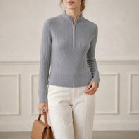 Damen Old Money Wollmischung Zopfmuster Stehkragen Pullover Konvertierbarer Kragen Metallreißverschluss Direkt vom Hersteller Kundenspezifische OEM-Fertigung
