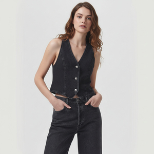 Gilet décontracté <span class=keywords><strong>en</strong></span> <span class=keywords><strong>jean</strong></span> <span class=keywords><strong>noir</strong></span> délavé écologique pour <span class=keywords><strong>femme</strong></span>, <span class=keywords><strong>sans</strong></span> manches, col <span class=keywords><strong>en</strong></span> V, avec boutons argentés, ourlet asymétrique, <span class=keywords><strong>veste</strong></span> courte et cintrée - Product Image 1