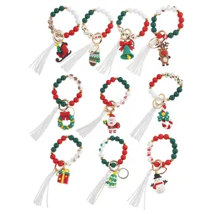 Nuevo llavero de pulsera de cuentas de silicona de Navidad lindo árbol de Navidad Santa trineo campana alce colgante brazalete llavero