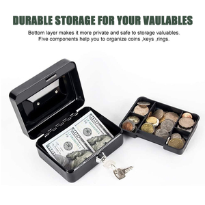 Caisse à monnaie portable en métal avec serrure à clé, coffre-fort à double couche avec plateau à pièces et 2 clés, grande boîte de sécurité pour l'argent à domicile - Product Image 1