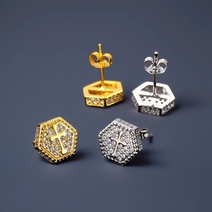 Hexagonal Cross Zircon <b>Stud</b> Earrings Gold Silver Micro Pave Full Diamond Hip Hop <b>Men</b> Women Fashion Jewelry Gift - Product Image 1