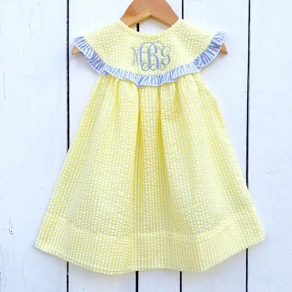 Monogrammed Yellow Seersucker Easter dress toddler dress romper baby girl Summer outfit little girl beach outfit