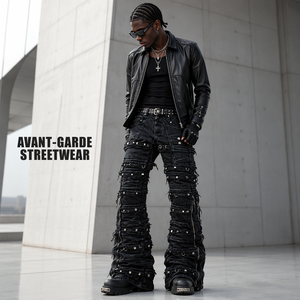 <span class=keywords><strong>Jean</strong></span> slim <span class=keywords><strong>en</strong></span> denim pour homme, style streetwear punk gothique, avec fermetures éclair multiples, déchirures et détails métalliques, coupe évasée et empilée - Product Image 4