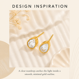 Boucles d'oreilles clous en zircon transparent en forme de goutte d'eau, en acier inoxydable plaqué or 14 carats sous vide, serties clos, bijoux minimalistes - Product Image 2