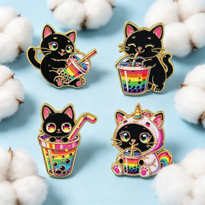 4 styles de pin's en émail mignons : Chat noir, <span class=keywords><strong>Bubble</strong></span> Tea, Boba Kitty arc-en-ciel, Chat licorne. Badges de revers et broches pour la décoration de sacs à dos et vestes, ou comme cadeau. - Product Image 3