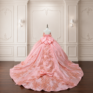 Robe de bal de Quinceañera de luxe Lsmc142 rose corail, longue, avec appliques aux épaules, corset perlé, en satin, motif floral - Product Image 5