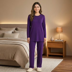Casual Homeware Fluid Knit Polyester/Spandex Stretchable Pajamas Set Purple Custom Logo Half Sleeve Cartoon Soft Women - Product Image 1