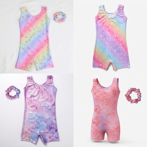 Justaucorps de gymnastique sans manches pour enfants avec imprimé tie-dye arc-en-ciel et chouchou pour cheveux, short de danse pour filles - Product Image 4