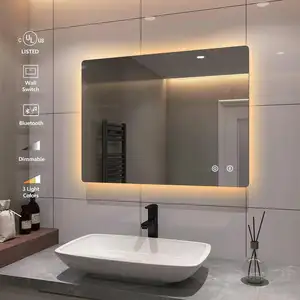 Cermin rias kamar mandi pintar bluetooth persegi panjang profesional cermin lampu led wifi dengan saklar sensor sentuh