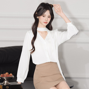 Women's <b>White</b> V-Neck Long Sleeve Shirt With Ribbon <b>Wrap</b> And Tie Design For Commuting - Product Image 3