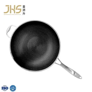Wok de panal con revestimiento antiadherente de acero inoxidable 304 de tres capas de alta calidad del fabricante con mango largo Stay Cool