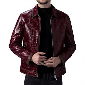 Veste en cuir de crocodile rouge de luxe, gaufrée, pour moto, hiver, en cuir de crocodile tanné et traité - Product Image 1