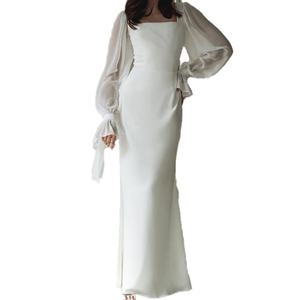 Vestido al por mayor personalizado OEM de alta calidad con cuello cuadrado francés, empalme de malla, ligeramente transparente, mangas acampanadas y corte de cola de pez que estiliza la figura. - Product Image 3