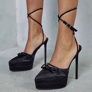 Satin Bow Lace up Women's Platform <b>Sandals</b> High Thin Heels Stiletto Pointy Toe Sexy Dress Pumps Ladies Summer Shoes - Product Image 4