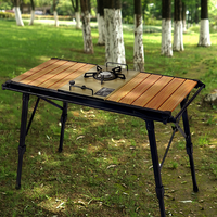 Table de camping pliante portable en alliage d'aluminium avec finition bois, panier en maille, réchaud de barbecue et assiettes (6, 7 ou 14 pièces)