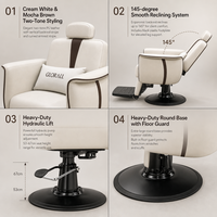 Fauteuil de Barbier Inclinable Crème Blanc en Cuir PU avec Accents Mocha, Appui-tête et Repose-pieds Rembourrés pour Salon de Coiffure, Spa et Studio de Coiffage