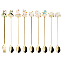 Ensemble cuillère-fourchette en acier inoxydable motif animal de dessin animé, finition miroir, manche long, modèle XHJ-66, pour desserts et café, style Instagram