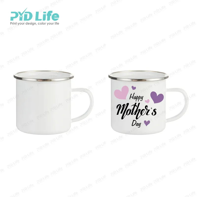 PYD Life Happy Muttertag Großhandel Custom Ihr Logo Camping Sublimation Becher Emaille Vintage White Cup Becher mit Druck