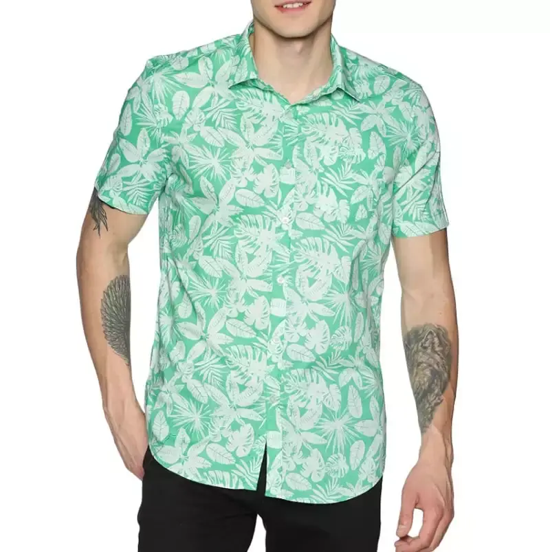 Custom Mens Resort Summer Casual Print Shirt Green Cotton Floral Leafy Short Sleeve Printed Shirt