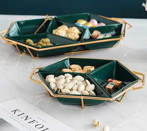 Plato de Frutas de Cerámica Verde Oscuro con Soporte de Hierro Forjado, Bandeja de Aperitivos con Rejilla Prismática, Esmalte de Color para Frutos Secos, Pasteles y Aperitivos - Product Image 6