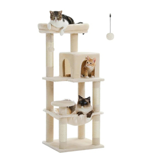 Arbre à chat d'usine avec tour en métal et hamac en peluche, maisonnette à 2 portes, 6 étagères et griffoirs - Product Image 1