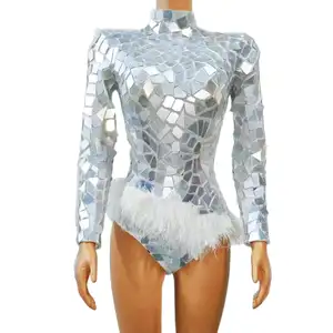 Sexy Bling Sequins Feathers Bodycon Rompers Ladies Leotard Plus Size Short Jumpsuit Pole Dancer Outfits Women One Piece Bodysuit