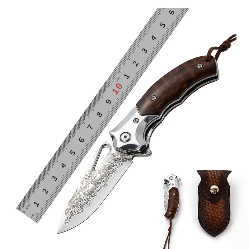 Cuchillo plegable de bolsillo con mango de madera, cuchillo táctico hecho a mano con Funda de cuero