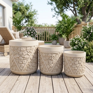 Macetas de Flores Rústicas de Hormigón para Jardín, Maceteros de Piedra Tallada a Mano, Juego de Tres - Product Image 2