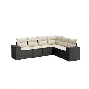 Ensemble de salon de jardin en rotin blanc crème et noir avec coussins, 6 places, mobilier d'extérieur, design contemporain - Product Image 1
